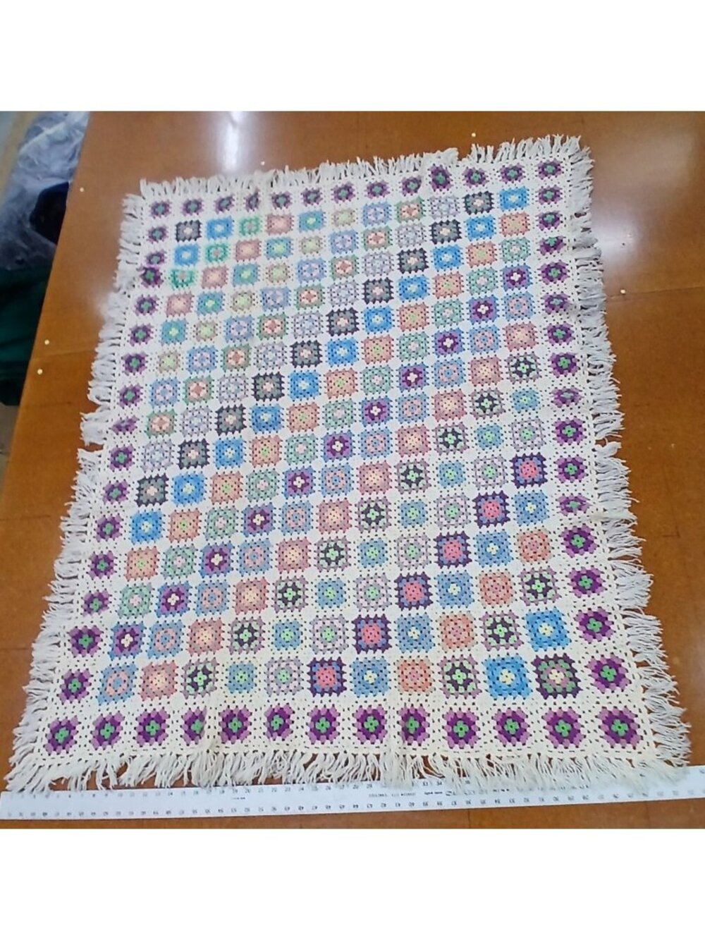 VTG  Crochet Afghan Multicolor Granny Squares W/ Fringe Edges 66" X 51" #D12